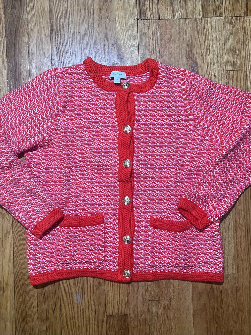 ON 34TH Womens Plus 0X Red Pink Textured Tweed Knit Preppy Casual Cardigan EUC